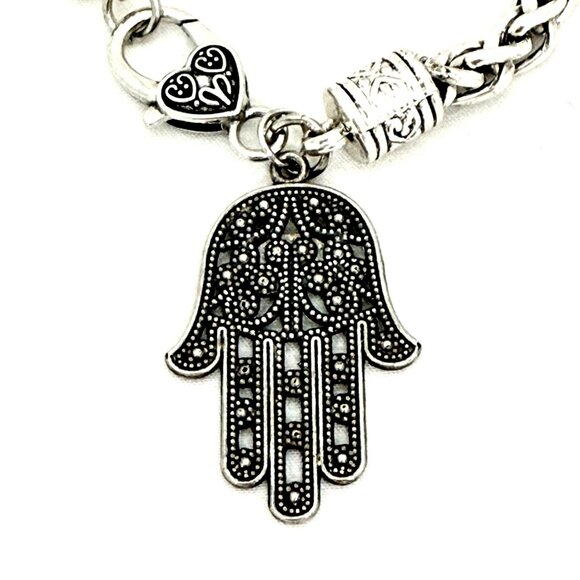 Silver-Tone Hamsa Hand Charm Bracelet Heart Lobster Clasp & Thick Braided Chain - Picture 7 of 8